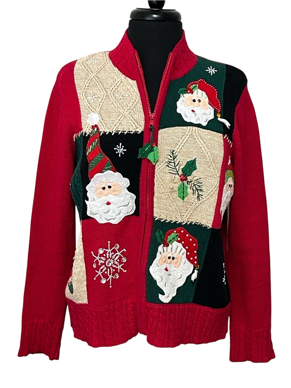 Tiara International Red Holiday‎ Santa Patchwork front Zip Cardigan. Size LP